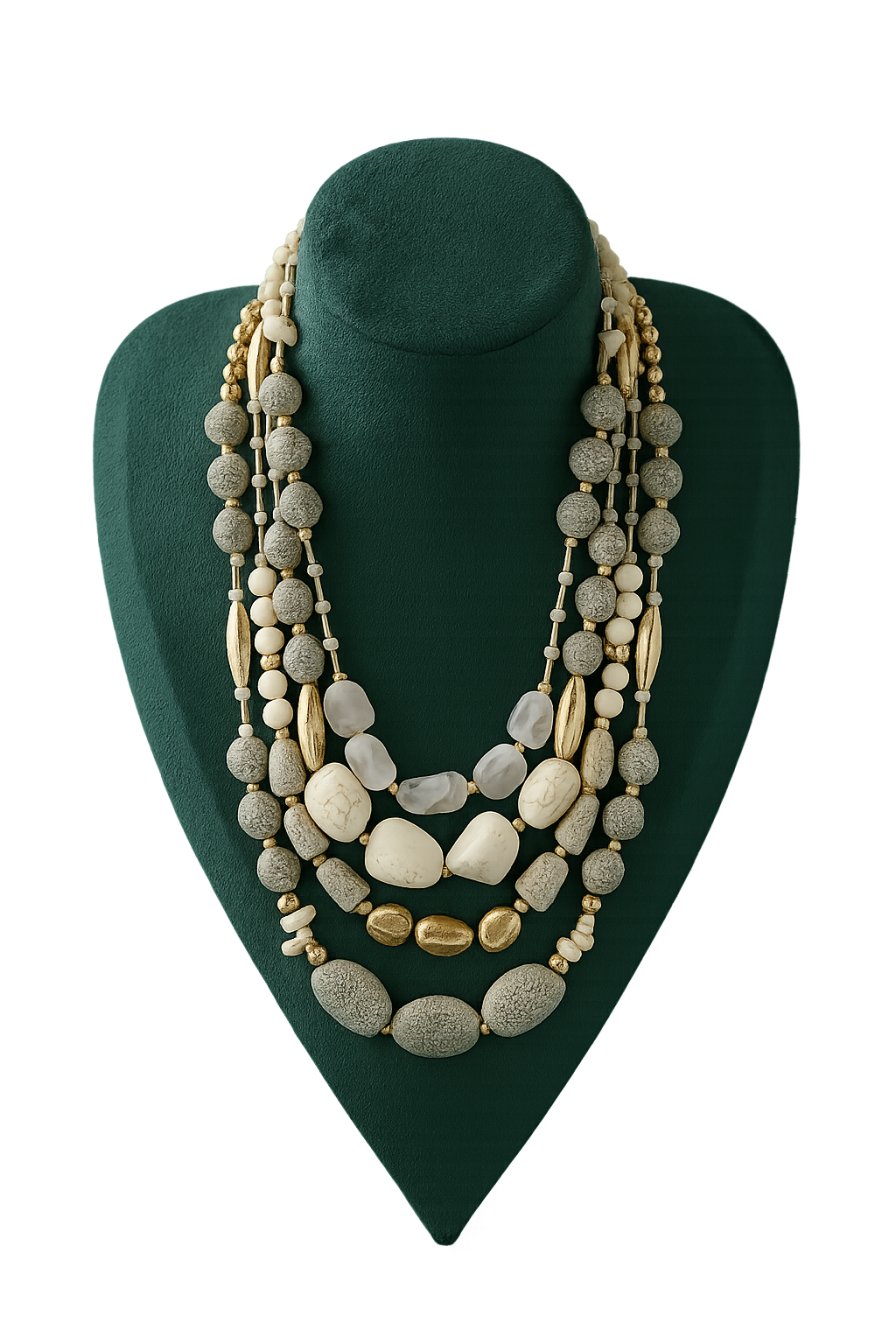 Multi-strand layered necklace featuring textured cream and gray beads with golden accents.