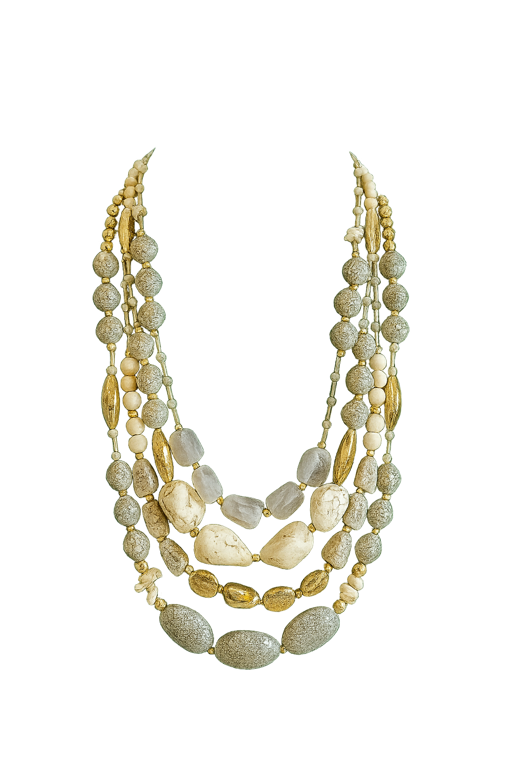 Multi-strand layered necklace featuring textured cream and gray beads with golden accents.