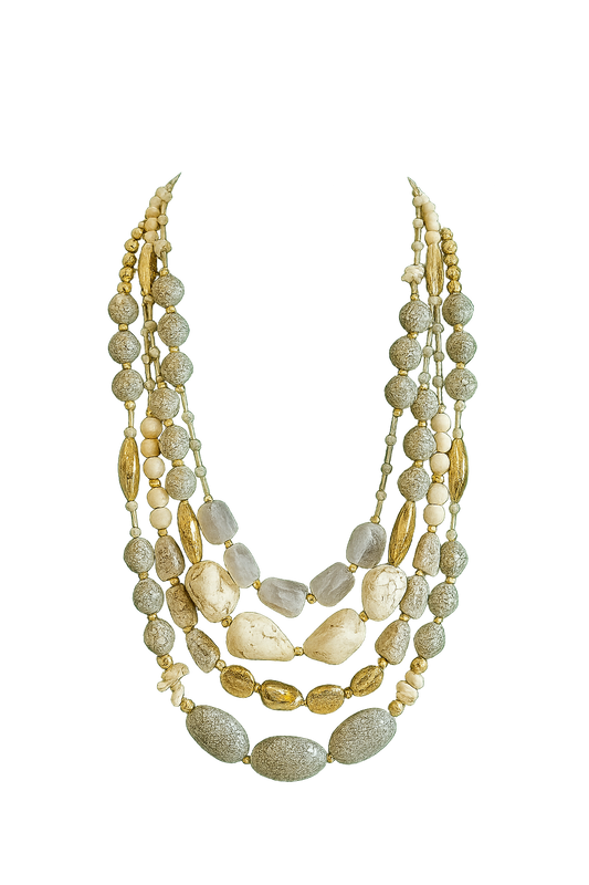 Multi-strand layered necklace featuring textured cream and gray beads with golden accents.