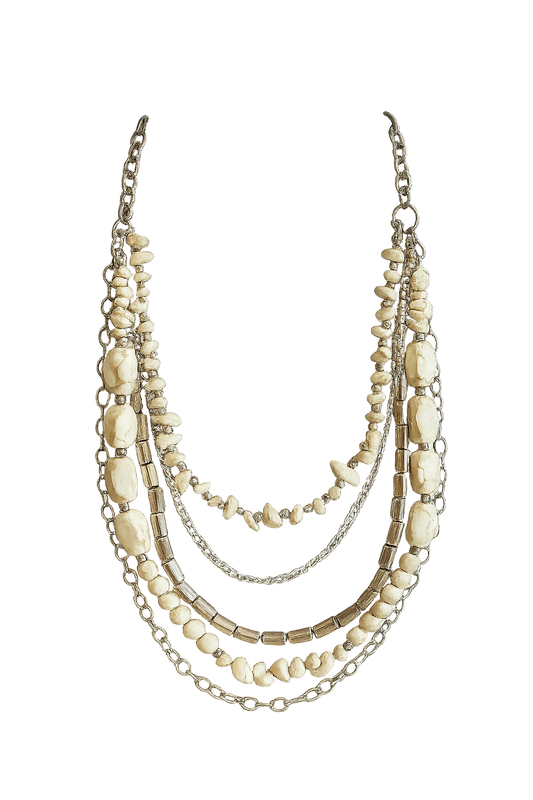 Multi-layered bohemian necklace featuring cream-colored beads, metallic elements, and chain details in an elegant cascading design.