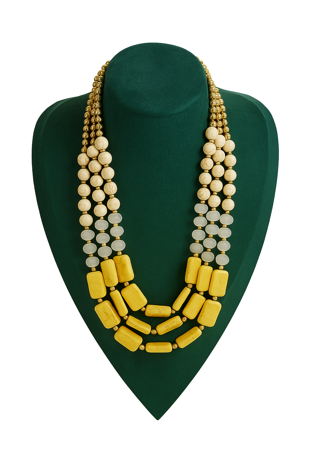 Elegant three-strand statement necklace featuring cream beads, frosted glass elements, and bold yellow rectangular stones, accented with golden spacer beads