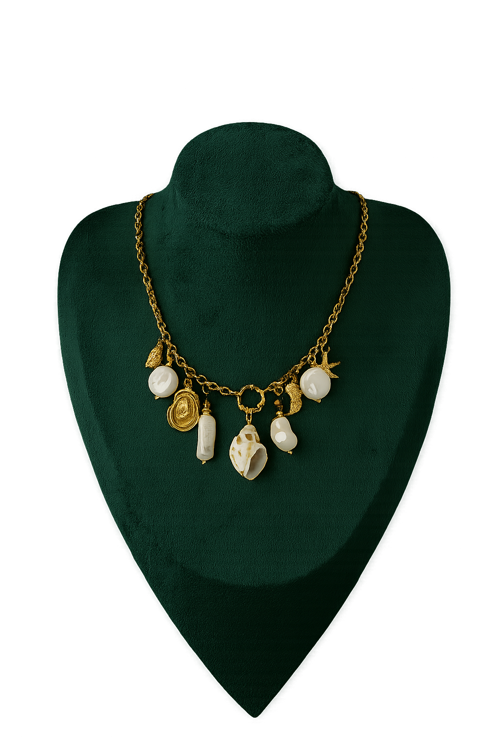 Bohemian gold-plated waterproof hypoallergenic necklace with 9 ocean-themed charms including pearls, shells, and starfish