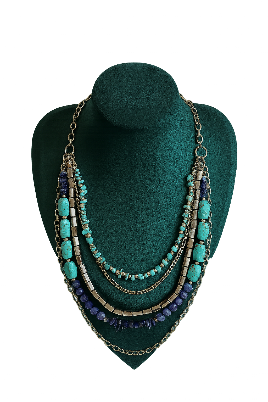 Multi-layered bohemian necklace featuring cream-colored beads, metallic elements, and chain details in an elegant cascading design.