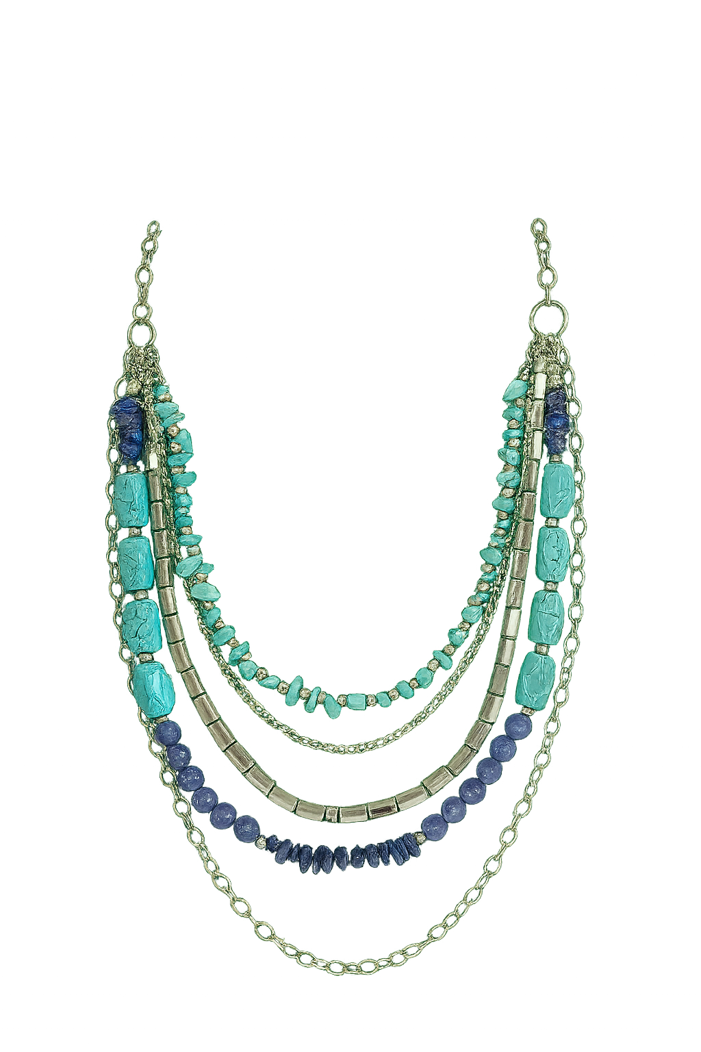 Multi-layered bohemian necklace featuring cream-colored beads, metallic elements, and chain details in an elegant cascading design.