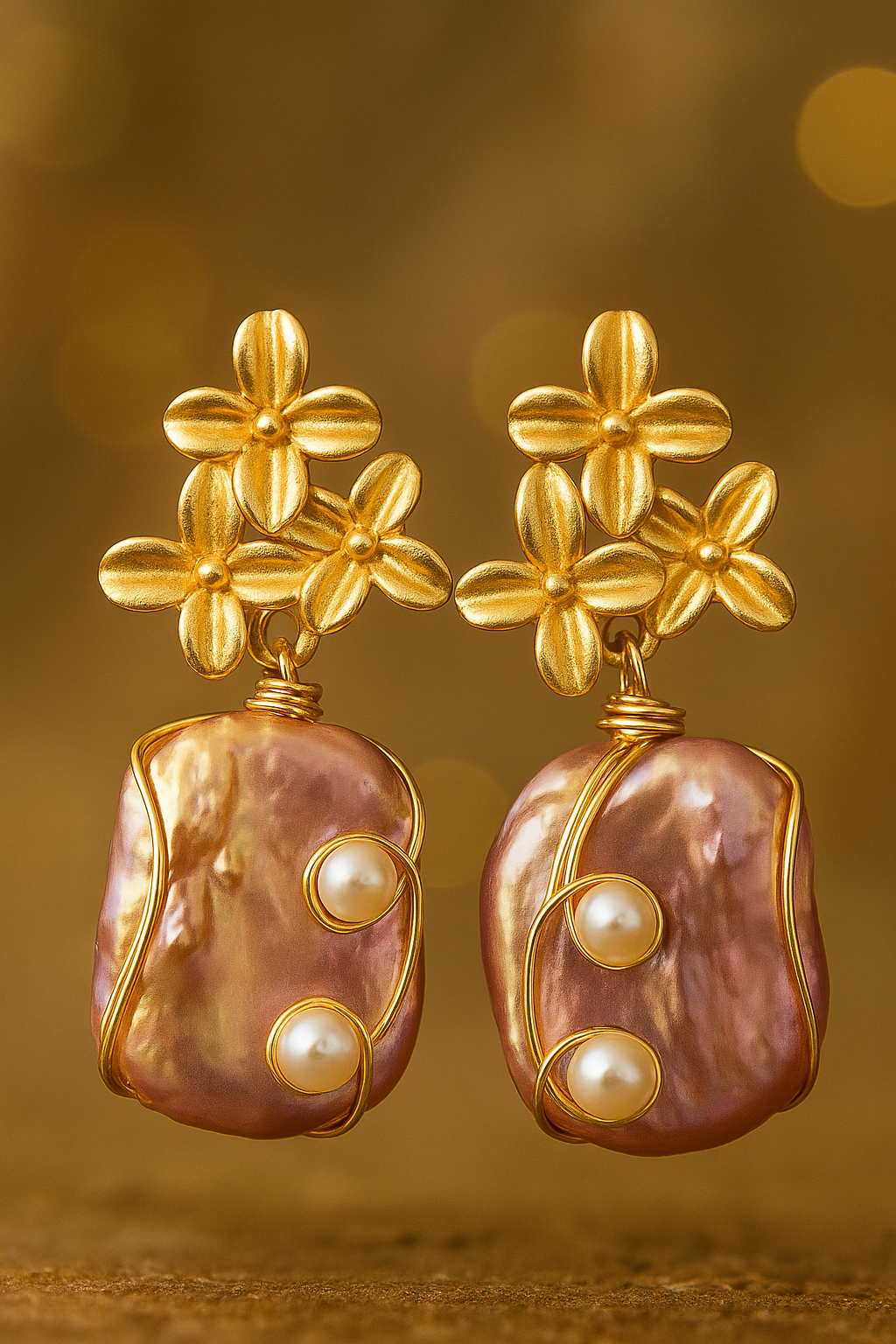 Gold-Plated Earrings Flowers with Square Ornate Baroque Pearls