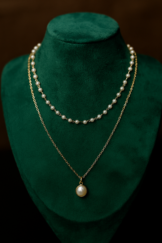 18K Gold Double Layer Pearl Pendant Collarbone Necklace
