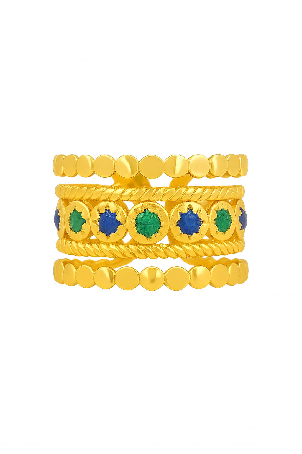 18K Ring Gilded Steel wide with blue gems