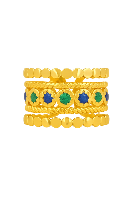 18K Ring Gilded Steel wide with blue gems