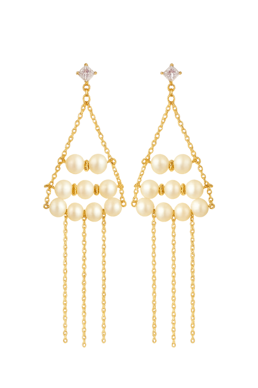 18K Gold-plated Arrangement Triangle with Freshwater Pearls Earrings
