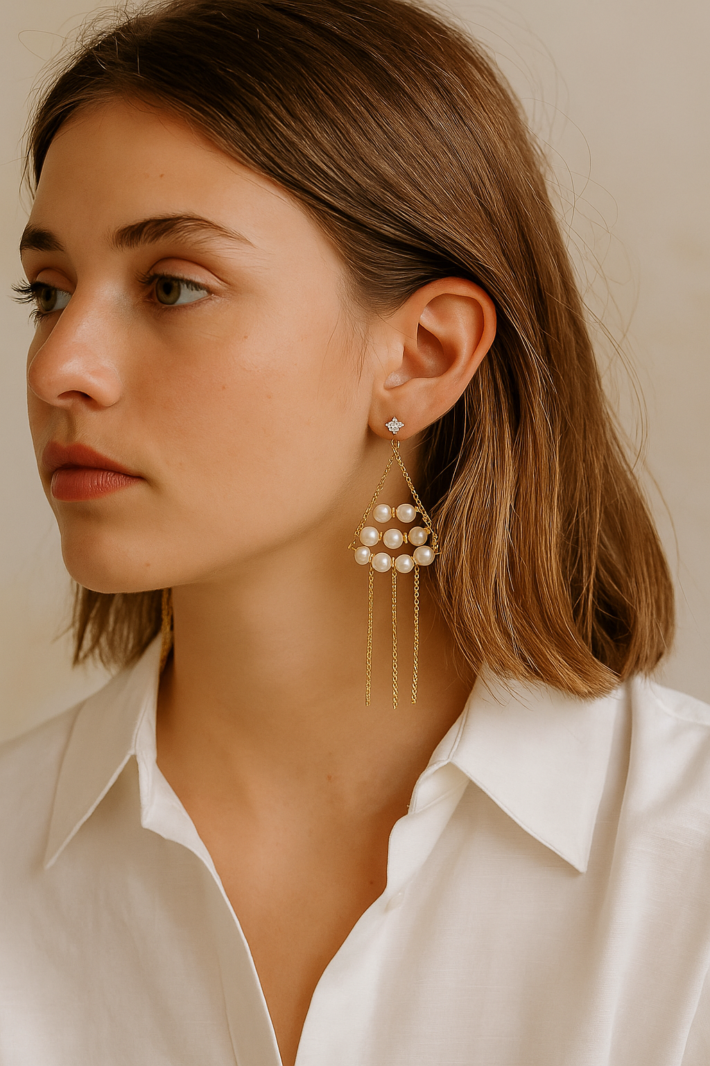 18K Gold-plated Arrangement Triangle with Freshwater Pearls Earrings