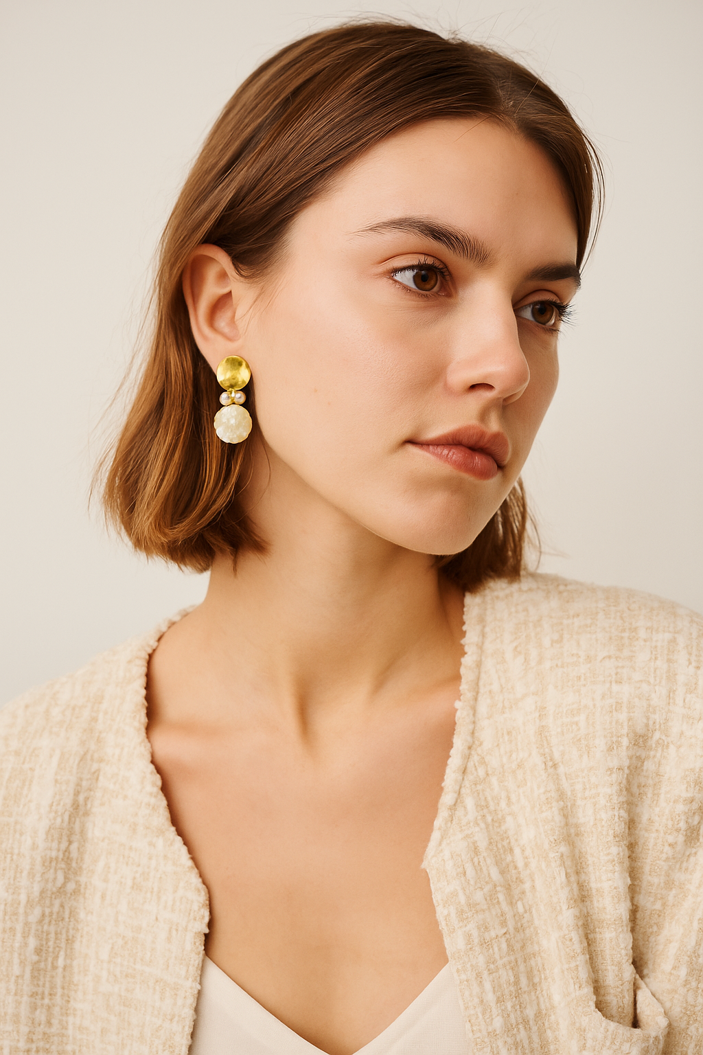 18K Yellow Gold Biwa Coin Pearl Earrings