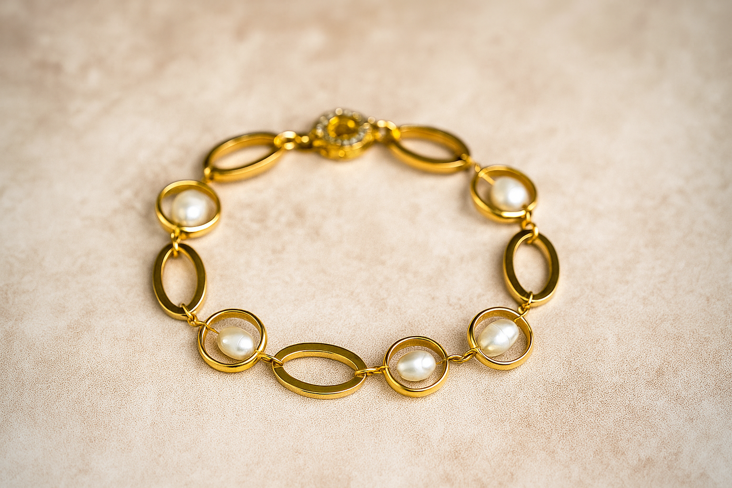 Freshwater Pearl & White Topaz Oval Link Bracelet in 14k Gold-Plated Sterling Silver