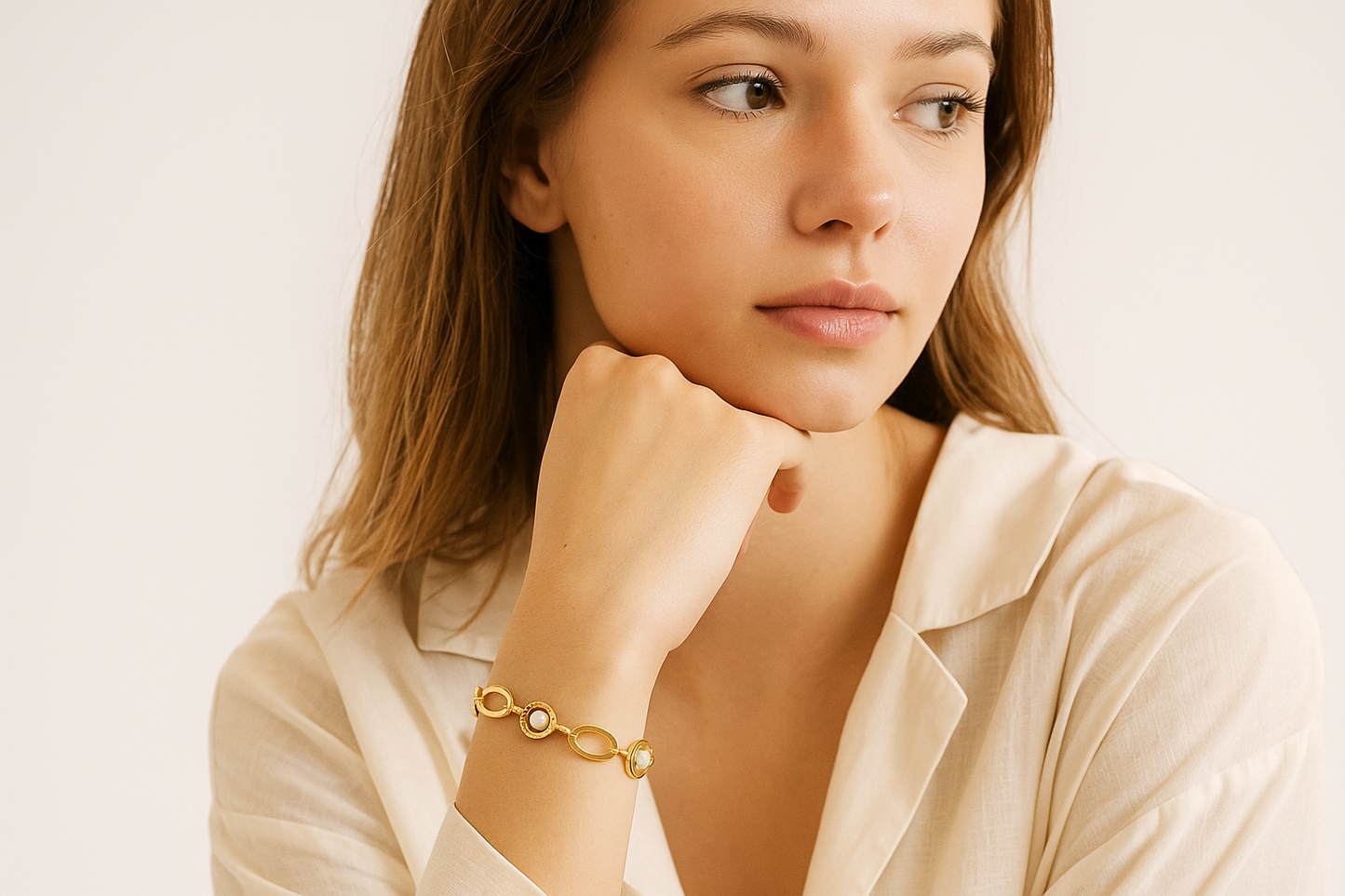 Freshwater Pearl & White Topaz Oval Link Bracelet in 14k Gold-Plated Sterling Silver