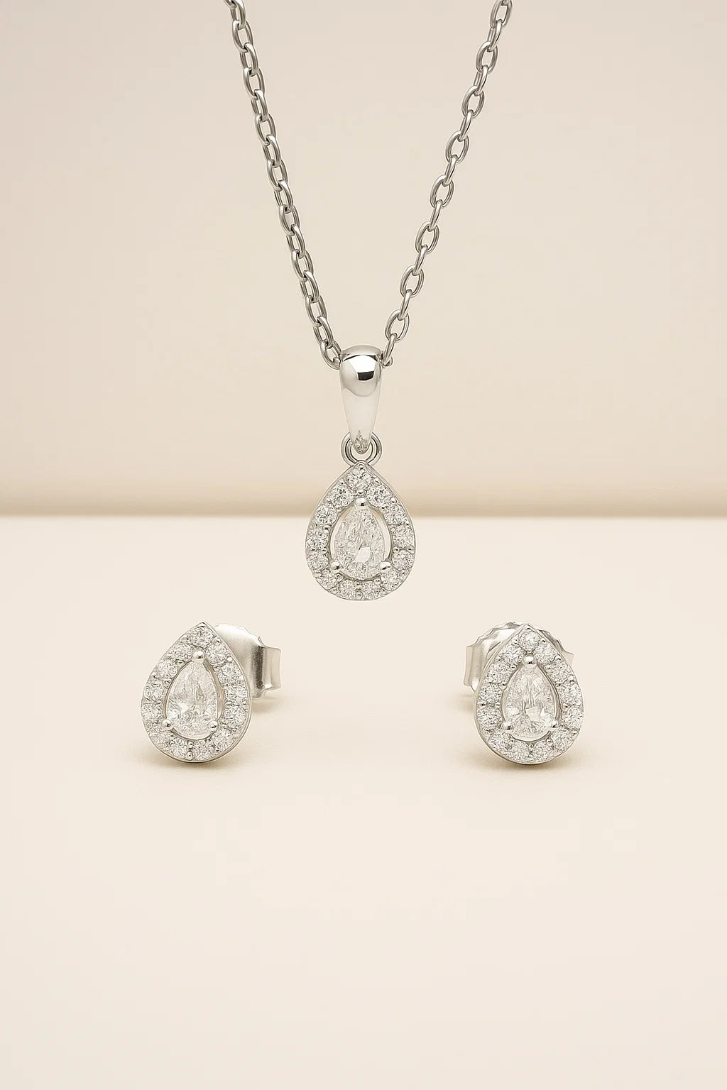925 Sterling Silver Water Droplets Zircon White Gold Plated Cable Chain Jewelry Set