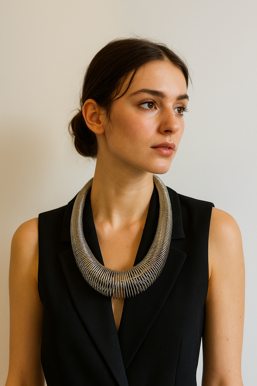 Elegant silver-toned statement collar necklace with graduated ribbed design