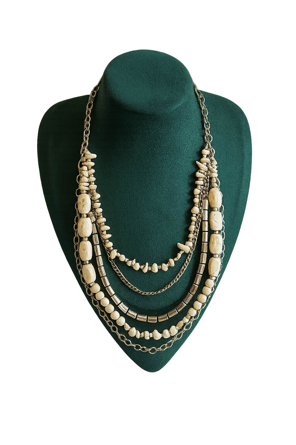 Multi-layered bohemian necklace featuring cream-colored beads, metallic elements, and chain details in an elegant cascading design.
