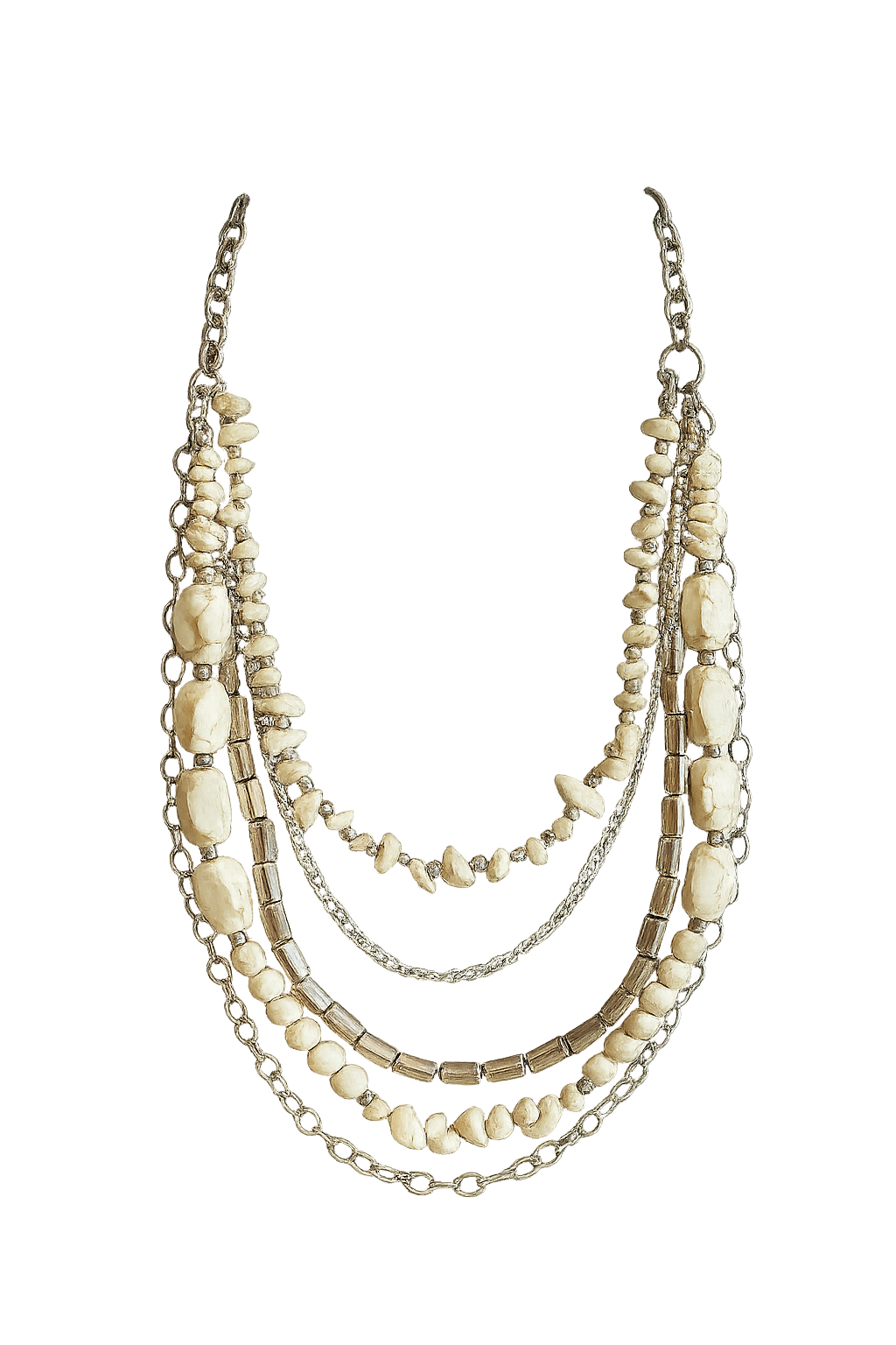 Multi-layered bohemian necklace featuring cream-colored beads, metallic elements, and chain details in an elegant cascading design.