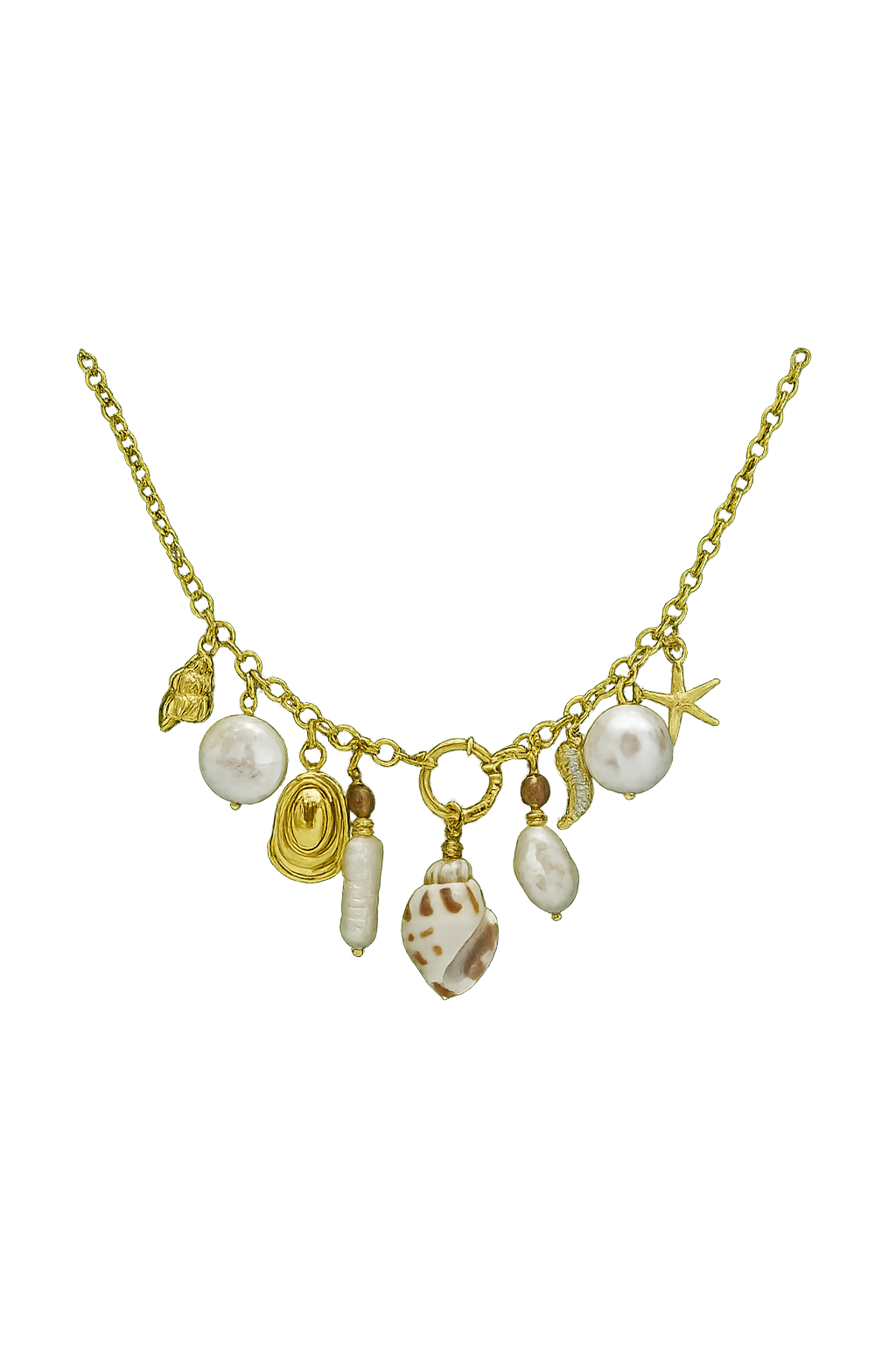 Bohemian gold-plated waterproof hypoallergenic necklace with 9 ocean-themed charms including pearls, shells, and starfish