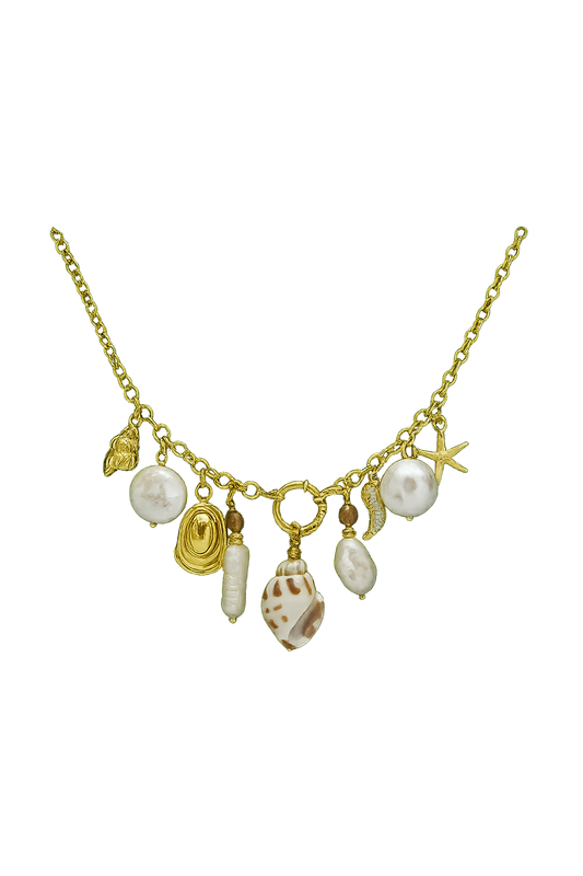 Bohemian gold-plated waterproof hypoallergenic necklace with 9 ocean-themed charms including pearls, shells, and starfish