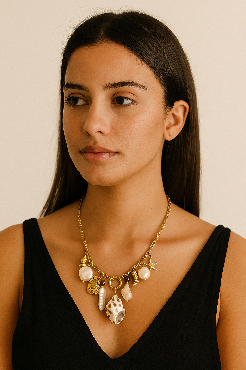 Bohemian gold-plated waterproof hypoallergenic necklace with 9 ocean-themed charms including pearls, shells, and starfish