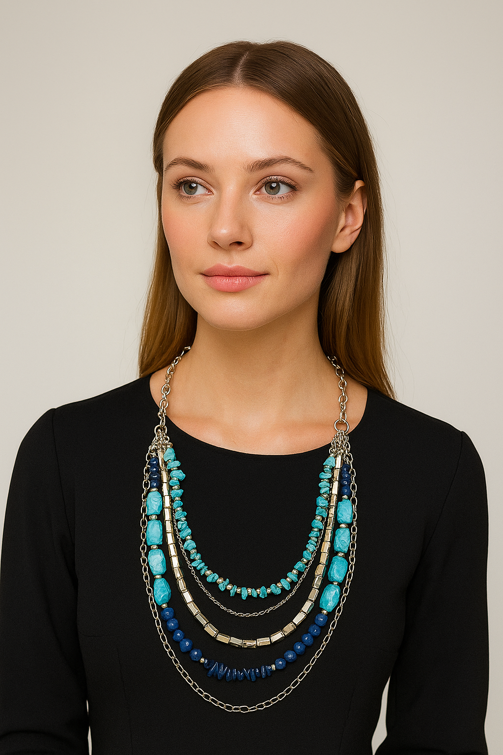 Multi-layered bohemian necklace featuring cream-colored beads, metallic elements, and chain details in an elegant cascading design.