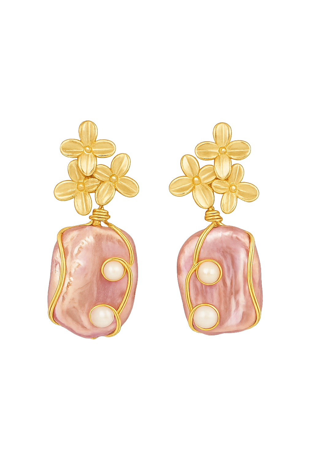 Gold-Plated Earrings Flowers with Square Ornate Baroque Pearls