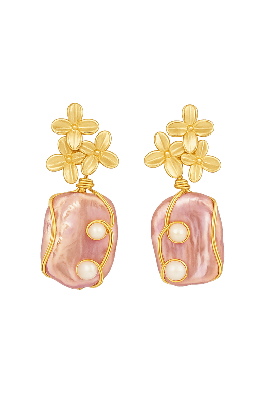 Gold-Plated Earrings Flowers with Square Ornate Baroque Pearls