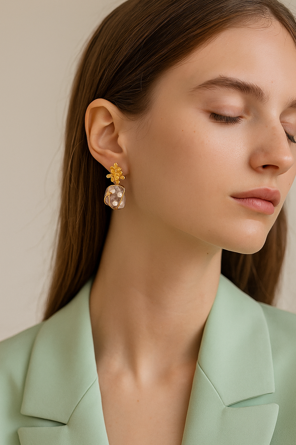 Gold-Plated Earrings Flowers with Square Ornate Baroque Pearls