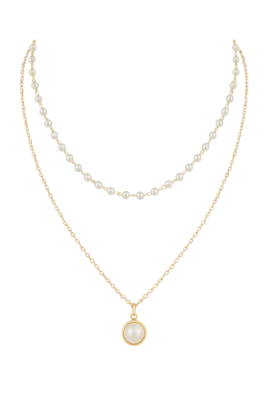 18K Gold Double Layer Pearl Pendant Collarbone Necklace