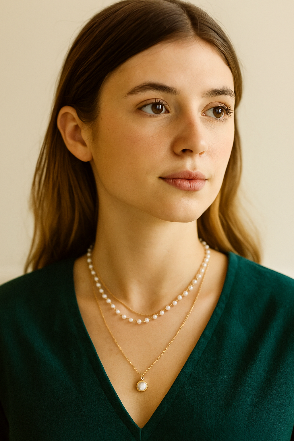 18K Gold Double Layer Pearl Pendant Collarbone Necklace