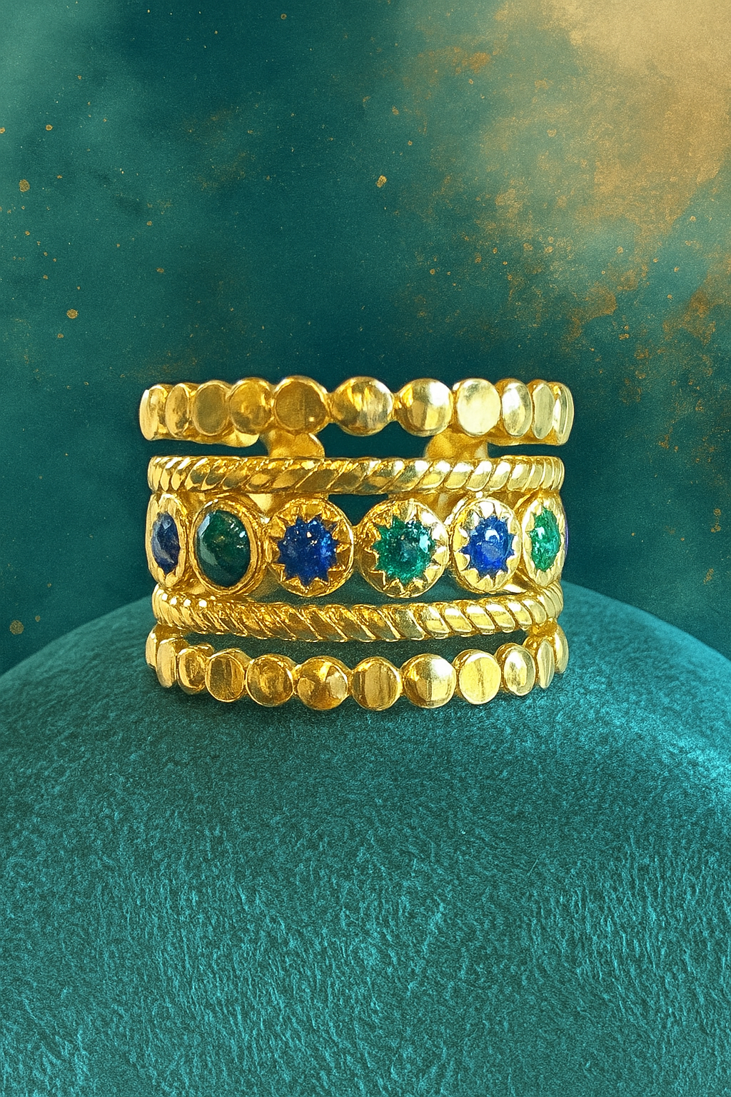 18K Ring Gilded Steel wide with blue gems