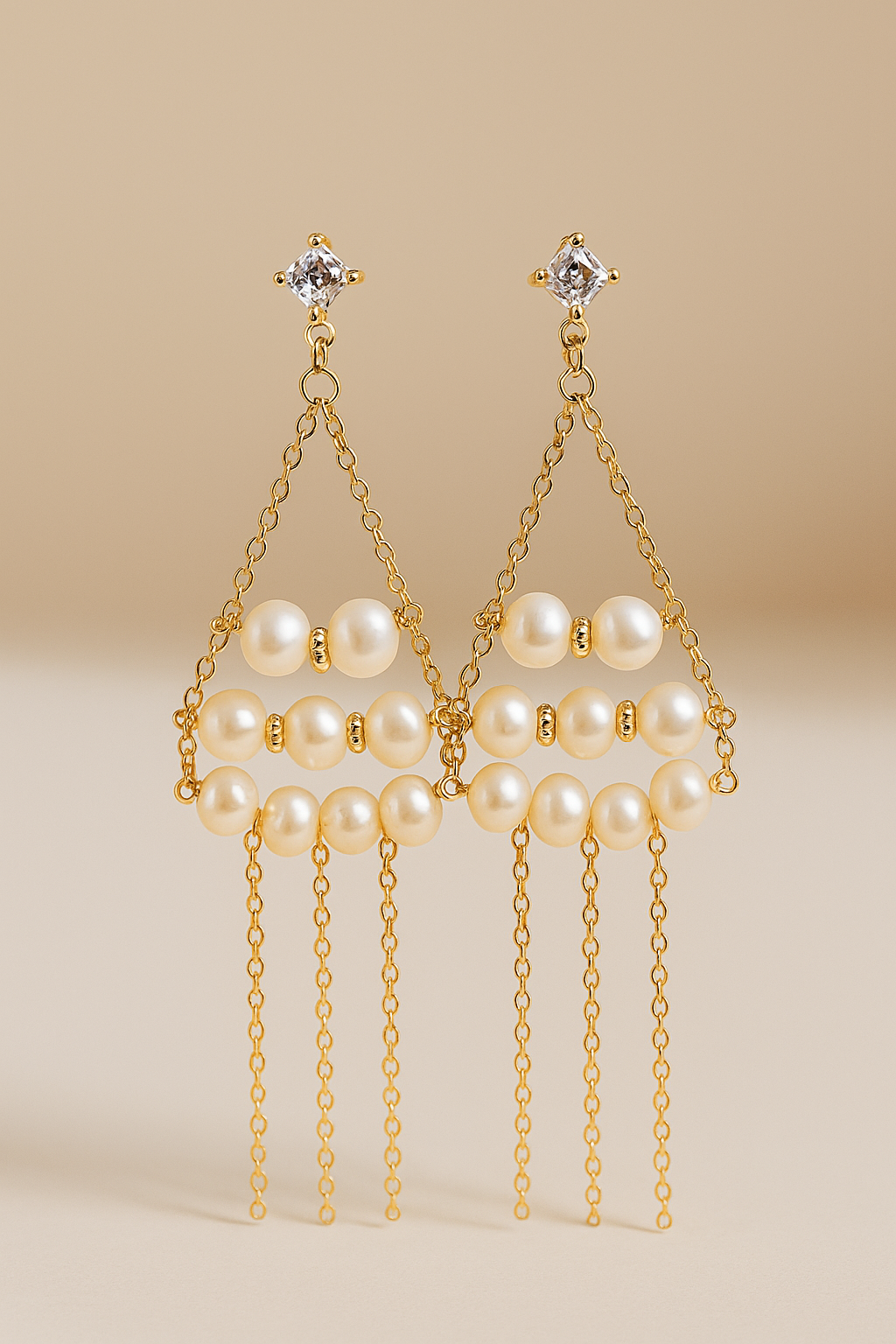18K Gold-plated Arrangement Triangle with Freshwater Pearls Earrings
