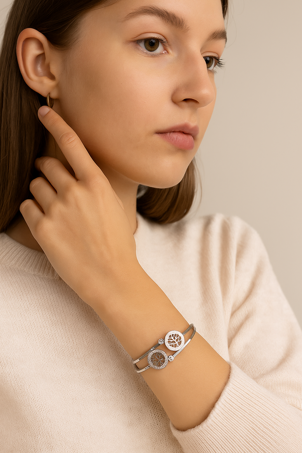 Tree of Life Silver Stainless Steel Zirconium Bracelet