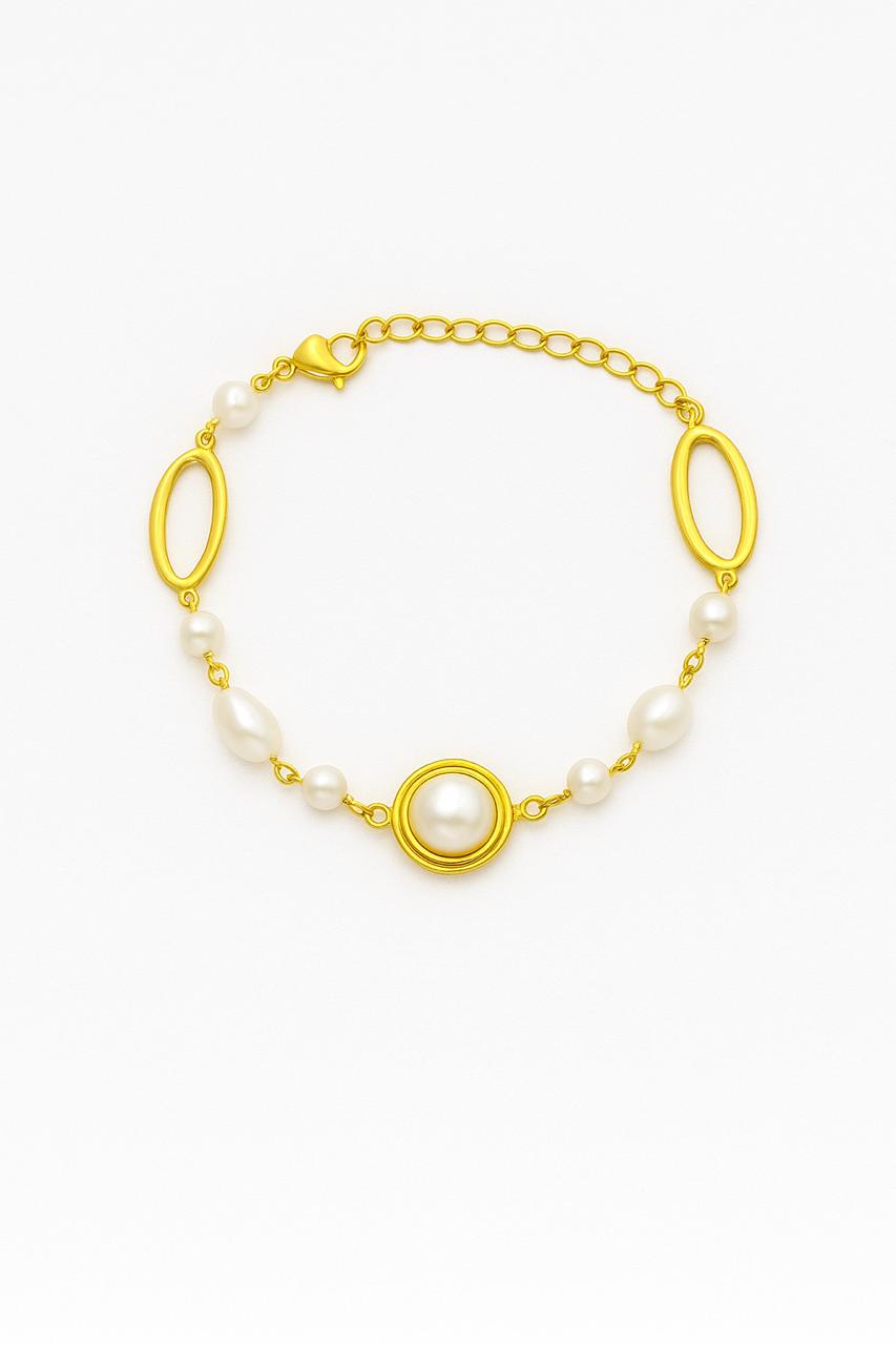 925 Sterling Silver Plated Gold Simple Temperament Hollow Geometric Bracelet with Freshwater Pearls