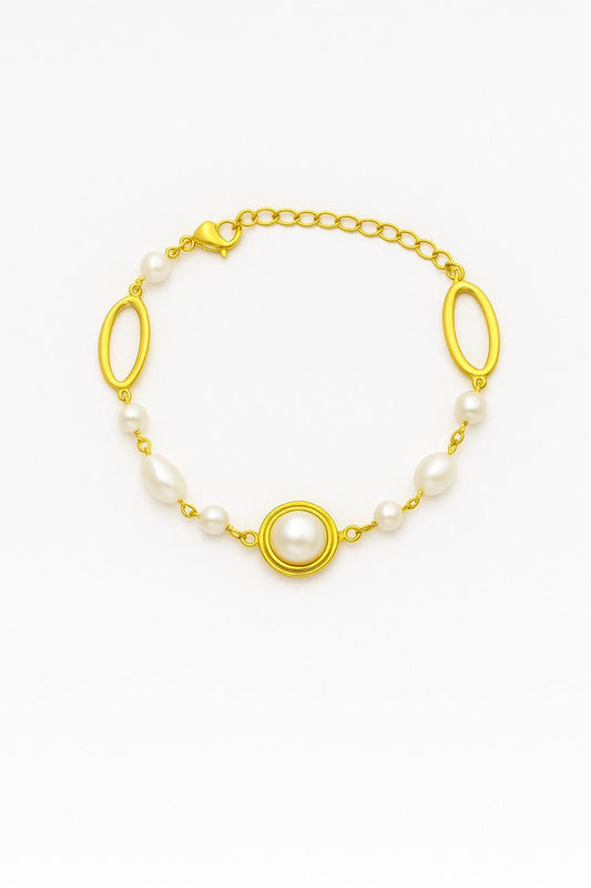 925 Sterling Silver Plated Gold Simple Temperament Hollow Geometric Bracelet with Freshwater Pearls