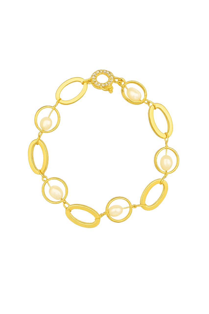 Freshwater Pearl & White Topaz Oval Link Bracelet in 14k Gold-Plated Sterling Silver