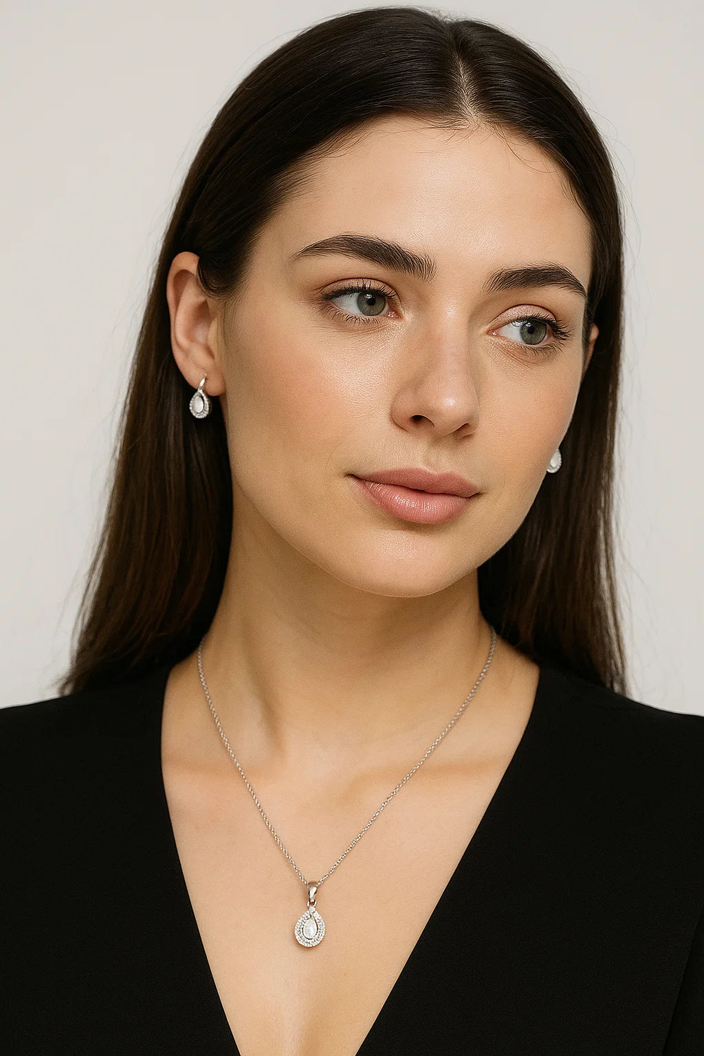 925 Sterling Silver Water Droplets Zircon White Gold Plated Cable Chain Jewelry Set