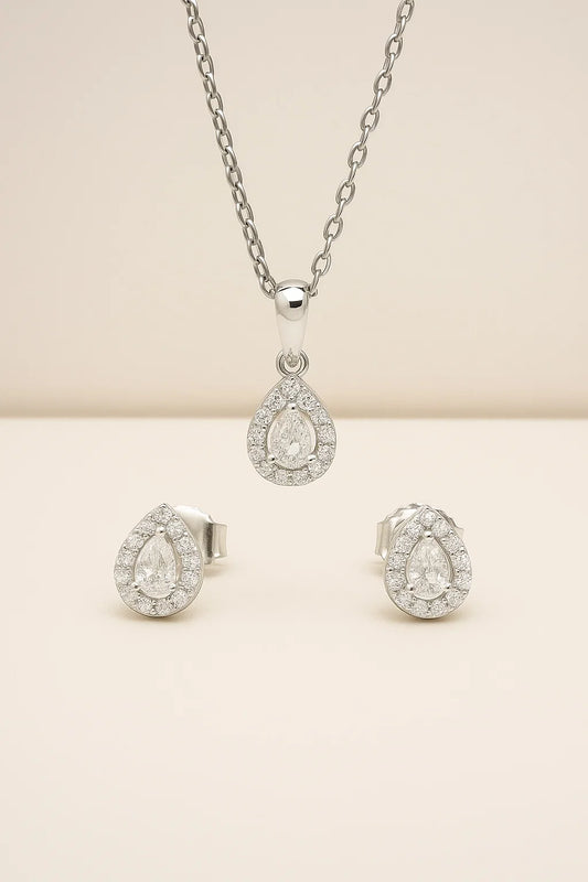 925 Sterling Silver Water Droplets Zircon White Gold Plated Cable Chain Jewelry Set